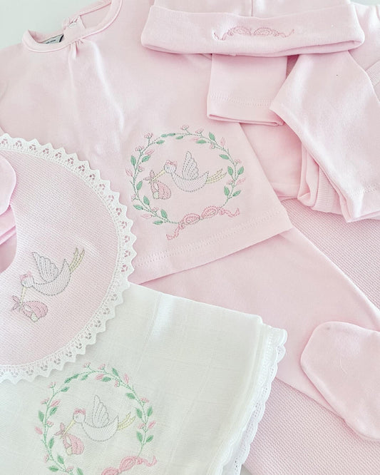 Pink Flying Stork Bundle With Lace Blanket