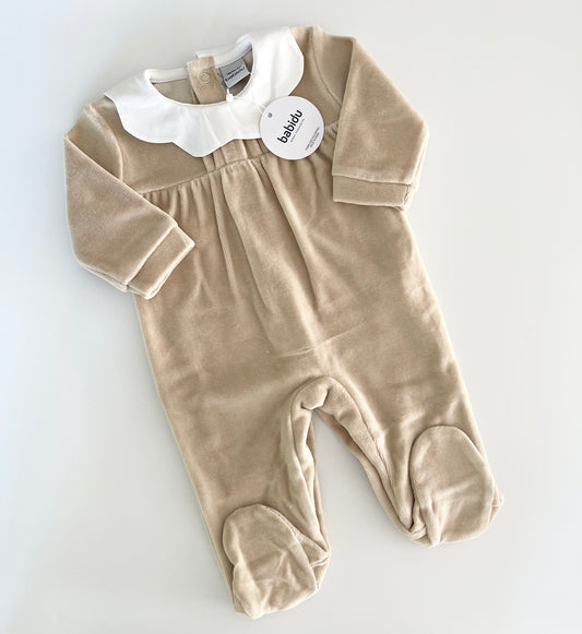 Babidu Scallop Collar Beige Velour Babygrow