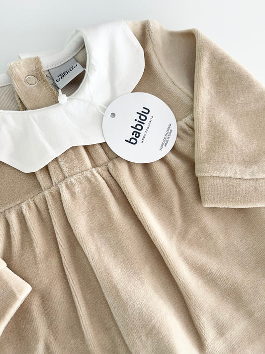 Babidu Scallop Collar Beige Velour Babygrow