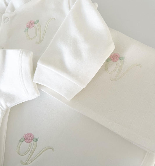 Rose Script Design Baby Grow - White