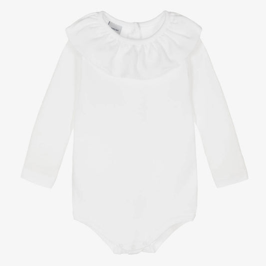 Babidu White Cotton Ruffle Bodysuit