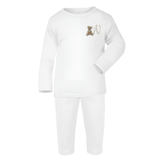 Scroll Teddy Design White Baby Long Sleeve Pyjamas